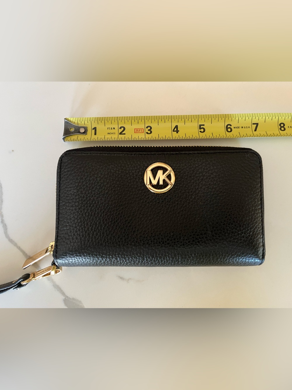 Michael Kors Black Pebbled Leather Wristlet Phone Wallet with Gold Logo